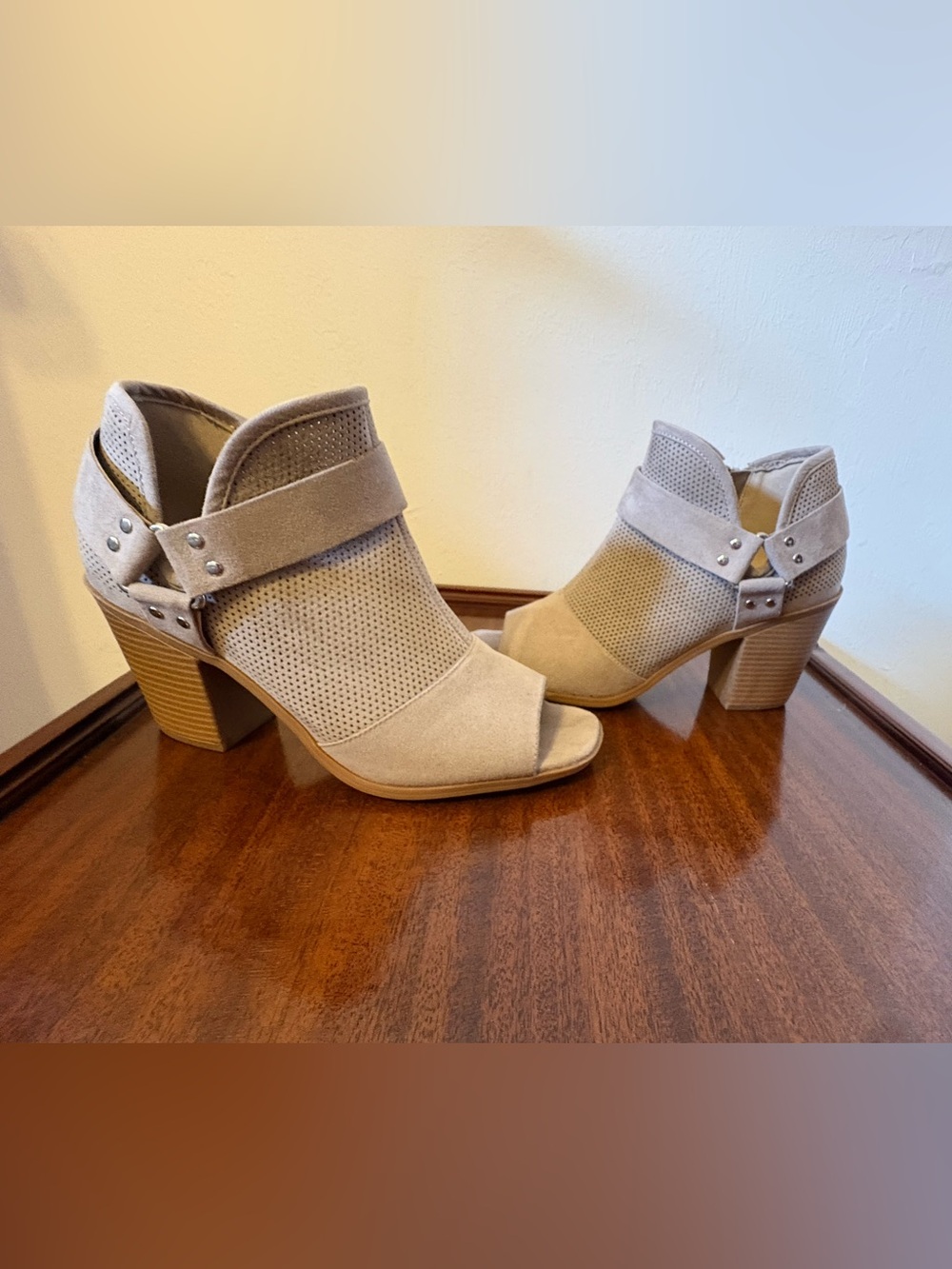 Fergalicious Suede Open-Toe Block Heel Booties in Light Taupe size 9